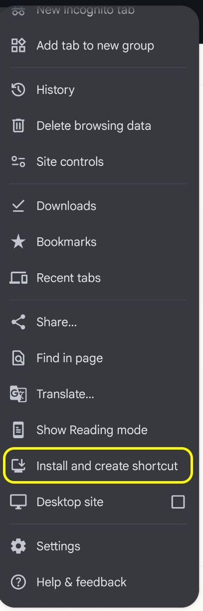 منوی Chrome با گزینه Install and create shortcut مشخص‌شده